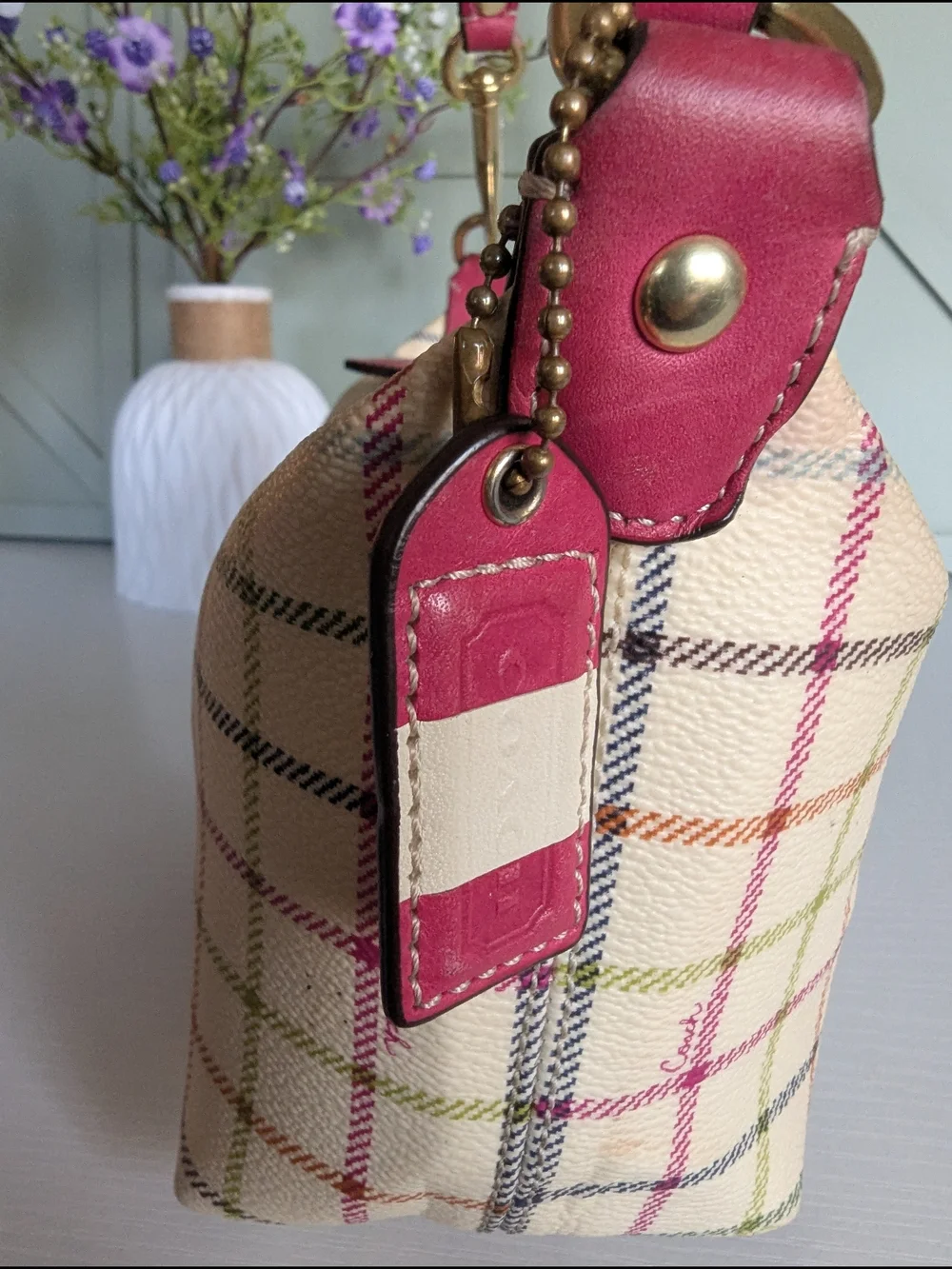 Coach Cream Plaid Canvas Shoulder Bag with Pink Accent